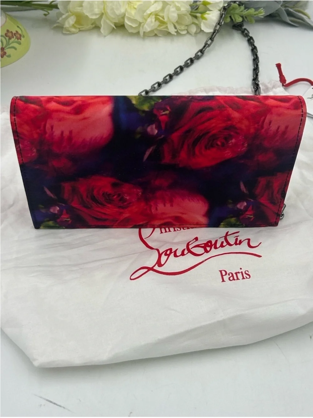 Women’s Christian Louboutin LOUBI 54 floral satin clutch/Crossbody made in Italy